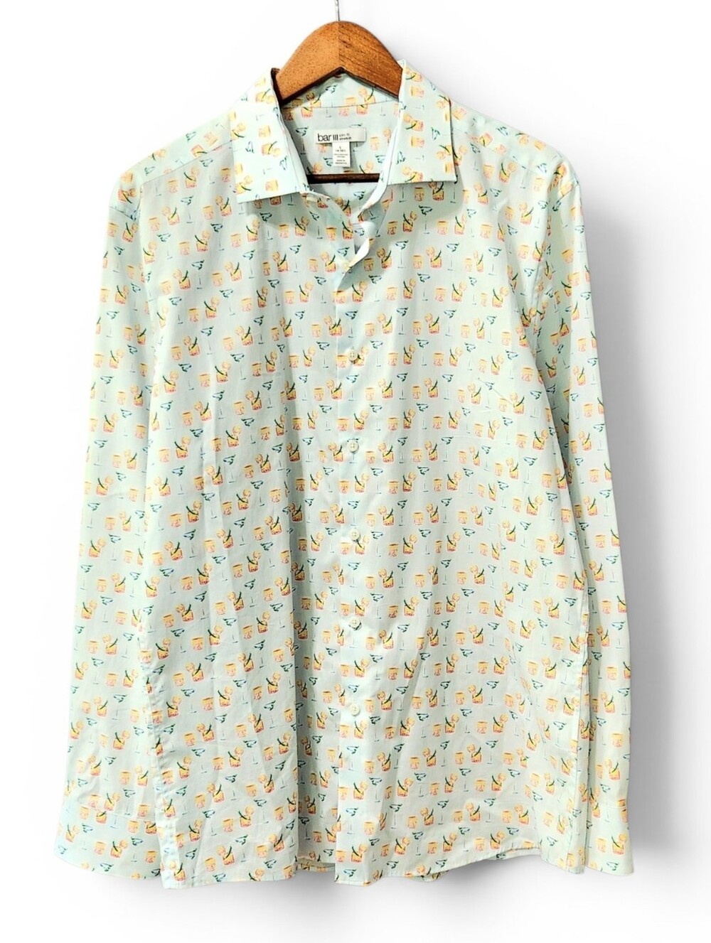 Bar III Organic Cotton Pastel Cocktail Print Shirt Mens L Slim Fit Stretch